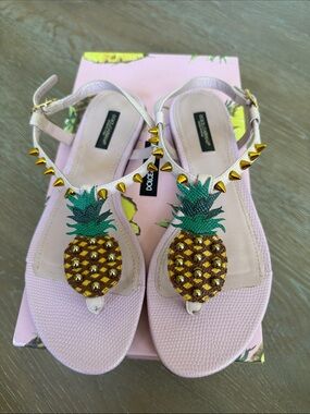 Dolce & Gabbana Pink Pineapple Studded Thong Sandals